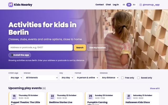 Kids Nearby home page: search for kids' activities in Berlin